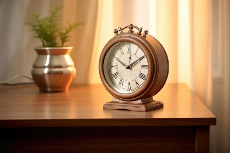 Reloj de mesa de madera con números romanos en una habitación limpia y bien iluminada