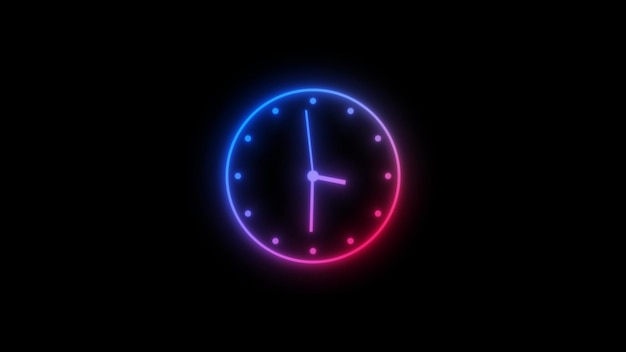 Foto reloj de neón con icono de luces de colores sobre un fondo negro