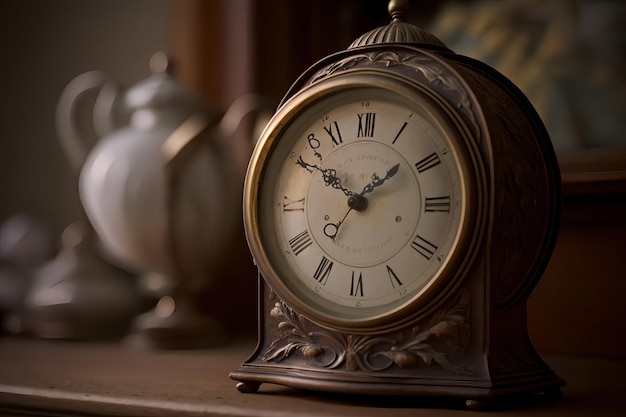 Un reloj con números romanos está sobre una mesa.