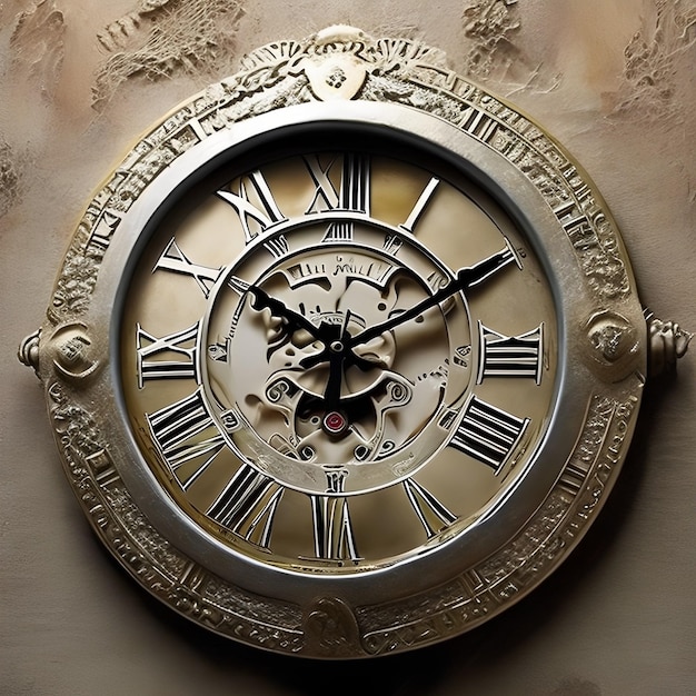 Un reloj de oro con números romanos y números romanos está en una pared.