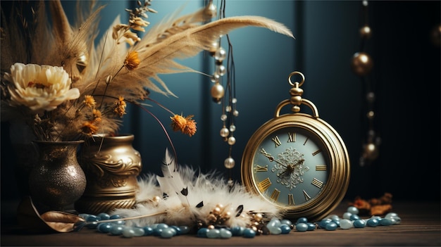 Foto un reloj de oro y una pluma en una mesa