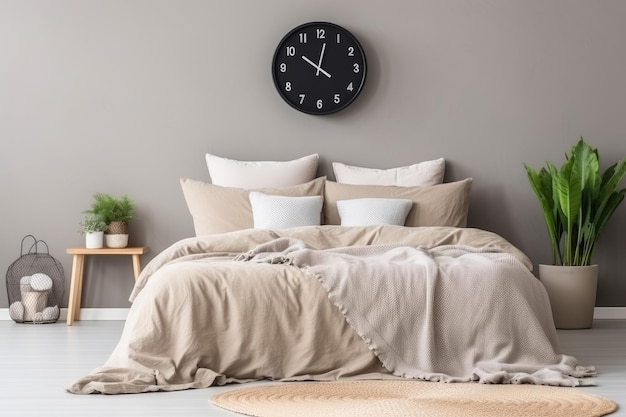 un reloj en una pared con una almohada blanca y una manta marrón.