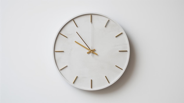 Reloj de pared blanco minimalista con agujas y marcadores dorados sobre un fondo blanco