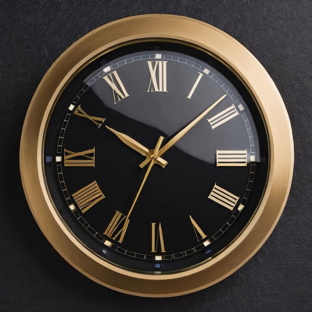 Reloj de pared dorado en fondo oscuro Vista superior Espacio de copia