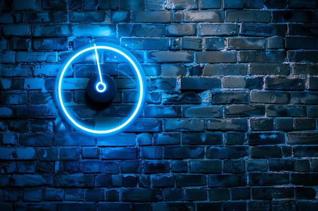 un reloj en una pared de ladrillo con una luz de neón azul