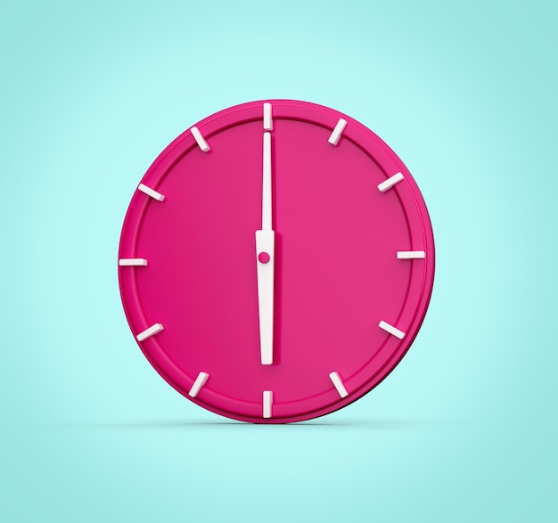 Reloj de pared magenta aislado sobre fondo cian con sombra Diseño premium Ilustración 3d de las 6 en punto