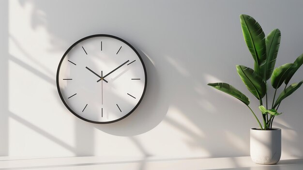 Un reloj de pared negro cuelga en una pared blanca una planta en maceta está sentada en una mesa blanca frente al reloj el reloj está mostrando 1010