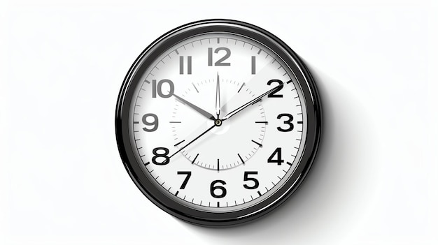 Foto un reloj de pared negro con un dial blanco el reloj es redondo y tiene un bisel negro el reloj está montado en una pared blanca el reloj se establece en 300