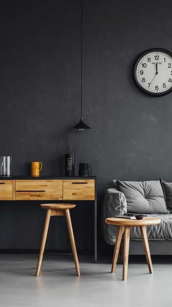 un reloj de pared negro con un reloj blanco encima de una mesa de madera