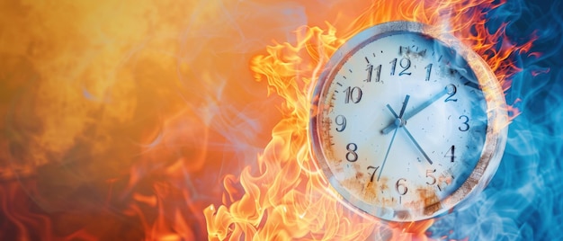 Un reloj de pared que se derrite bajo un calor intenso con una cuenta atrás borrosa de la fecha límite en el fondo que simboliza el tiempo que se escapa