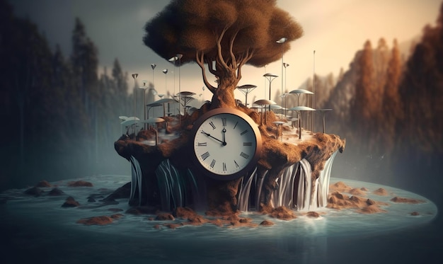 Un reloj en una pequeña isla con un árbol y un reloj Cascada del tiempo 4 de 2