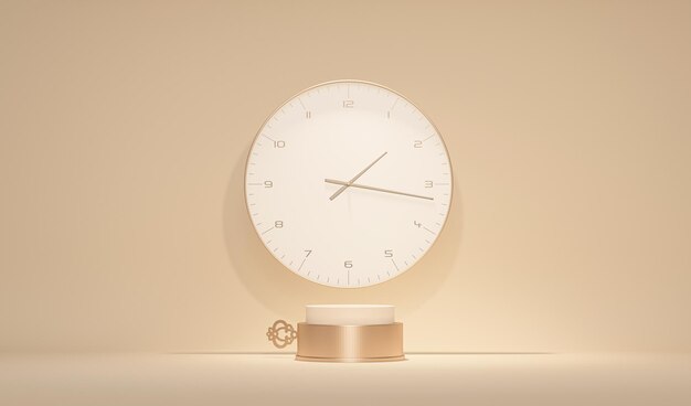 El reloj y el podio terminan un mecanismo de relojería fondo abstracto Crema pastel y colores beige 3D Render