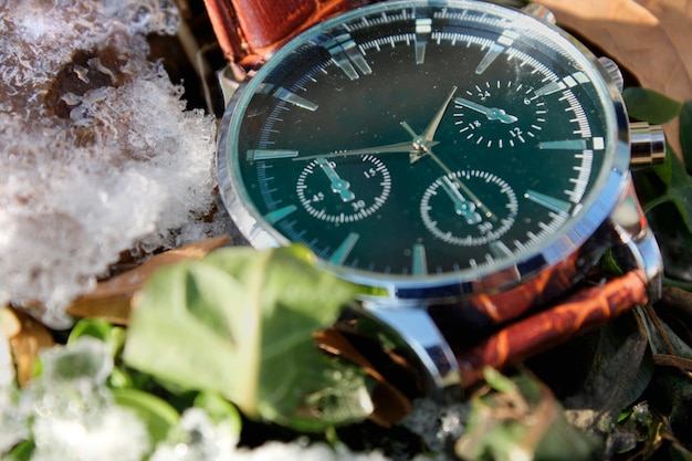 Reloj de pulsera de lujo en la nieve