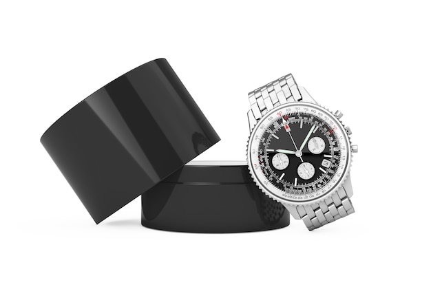 Reloj de pulsera plateado de lujo para hombre analógico clásico con caja de regalo sobre un fondo blanco. Representación 3D
