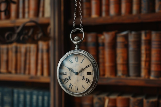 El reloj retro y los libros simbolizan la historia y el conocimiento