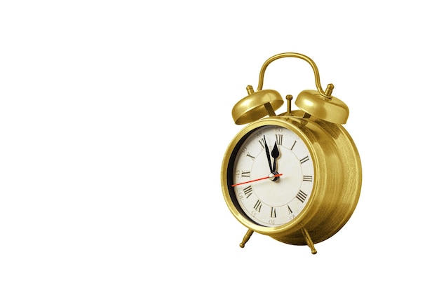 reloj retro reloj puntero reloj despertador de color amarillo en fondo blanco aislado