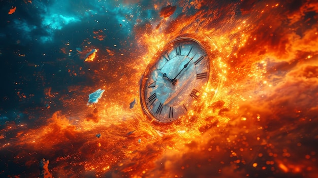 Foto un reloj rodeado de fuego y hielo