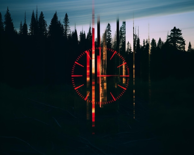 un reloj rojo en medio de un bosque