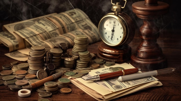 Un reloj se sienta en una mesa al lado de pilas de dinero y una pila de dinero.