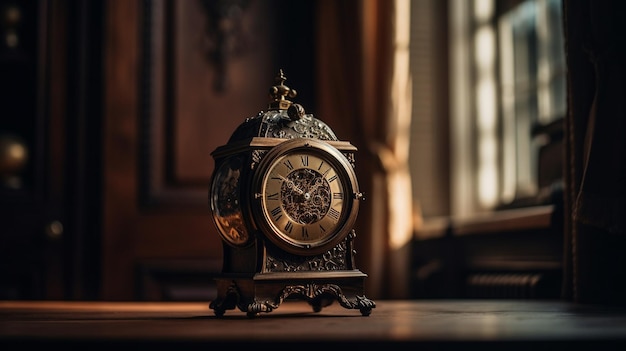 Un reloj sobre una mesa con números romanos.