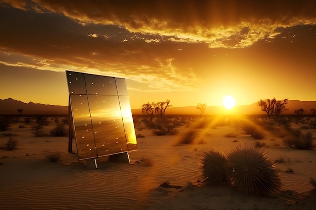 Un reloj de sol en el desierto con la puesta de sol detrás de él