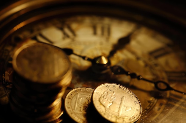 Foto un reloj con sus agujas apuntando hacia una pila de monedas