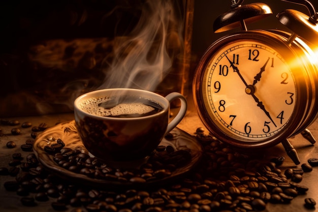 Un reloj y una taza de café están sobre una mesa junto a un reloj que dice 'la hora son las 10:30'