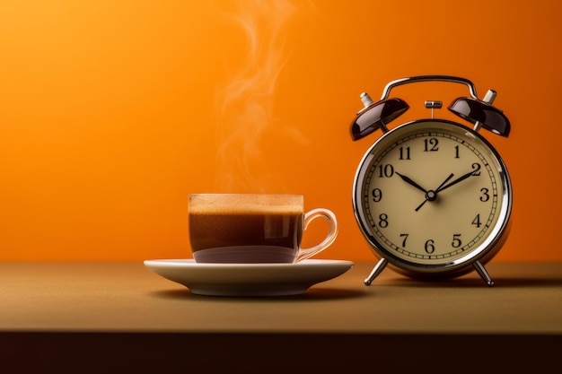 Un reloj y una taza de café están sobre una mesa junto a un reloj.