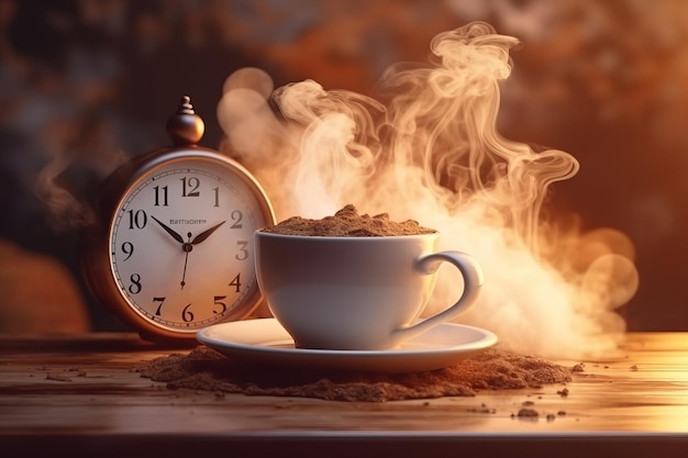 Un reloj y una taza de café en una mesa con un reloj