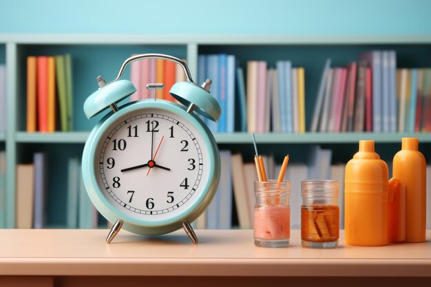 Foto reloj de tiempo de la escuela libros y suministros escolares ia generativa