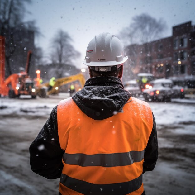 Foto reloj de trabajo de invierno hombre con sombrero duro en chaleco naranja frente a la escena de la construcción