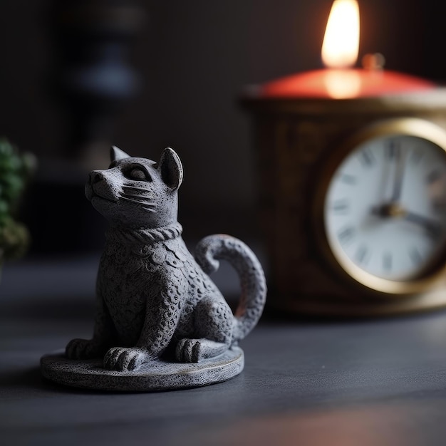 Reloj con vela decorativa y gatito gris