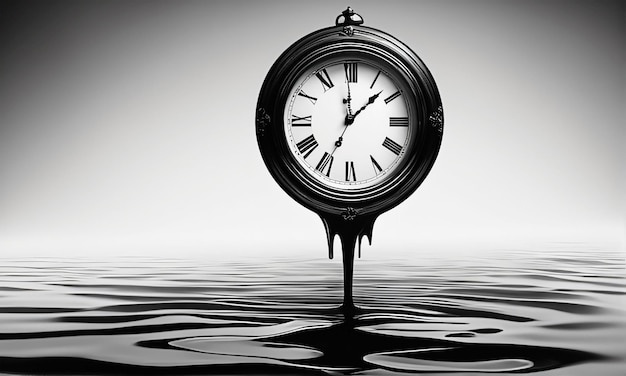 Reloj vintage surrealista derritiéndose en pintura negra para el concepto del paso del tiempo