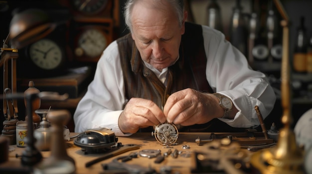 Foto un relojero que fabrica meticulosamente un pequeño mecanismo de reloj rodeado de herramientas antiguas