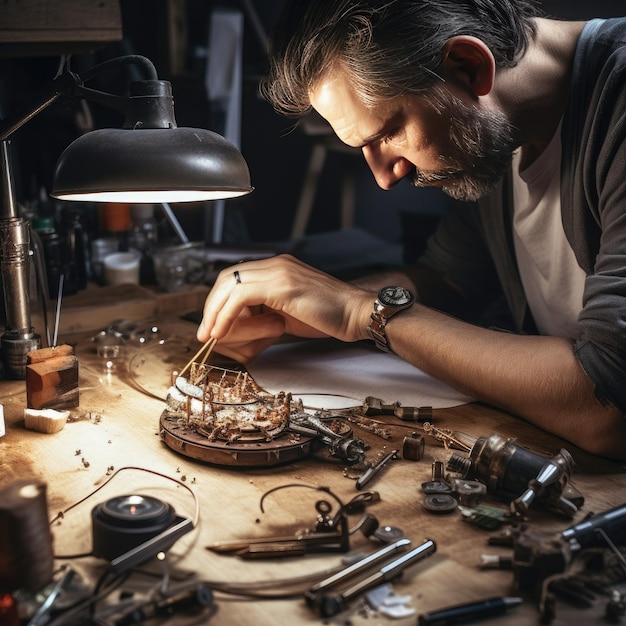 Relojero reparando un reloj en una mesa de trabajo con poca luz