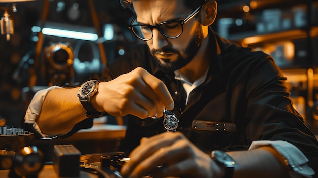 Foto un relojero en su taller está reparando cuidadosamente un reloj. está concentrado en su trabajo y tiene una expresión seria en su cara.