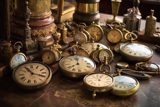 Relojes de bolsillo anticuados dispuestos sobre una mesa creada con ai generativa