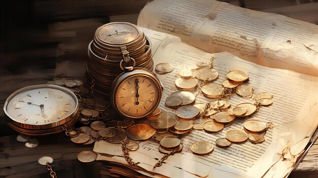 Foto relojes de bolsillo y monedas de época en un libro abierto que captan el valor del tiempo