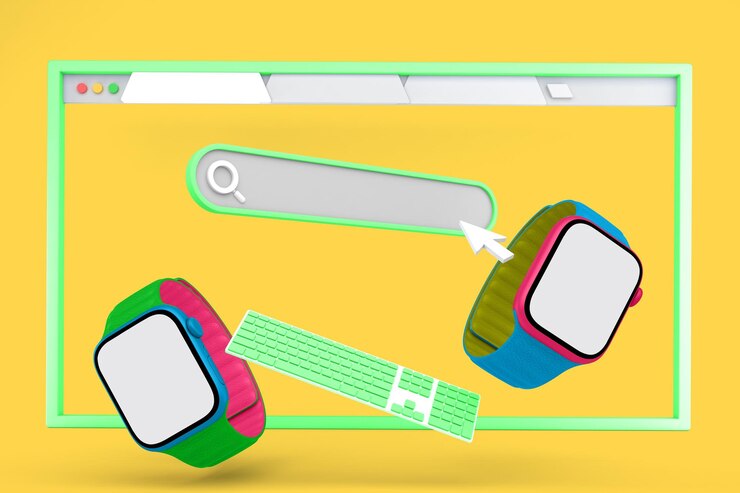Foto relojes inteligentes e iconos de sitios web flotando en fondo amarillo