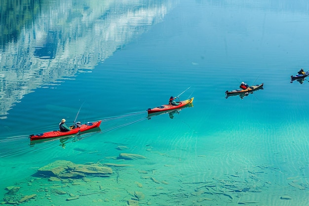 Remar através das águas refletoras onde os pescadores geram ai