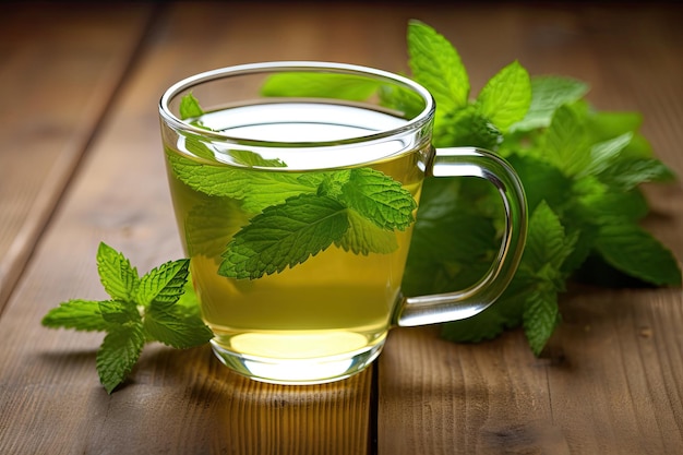 Remedio rústico para la indigestión, los calambres, el estrés y la ansiedad Té de menta en una pequeña taza blanca Hojas de menta frescas en una mesa de madera cruda Sin cafeína