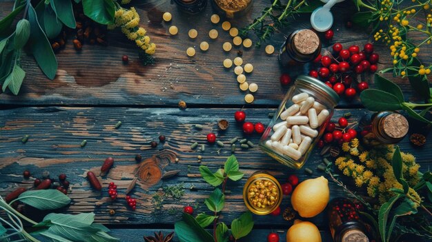 Remedios naturales para la inmunidad y el resfriado en una mesa de madera