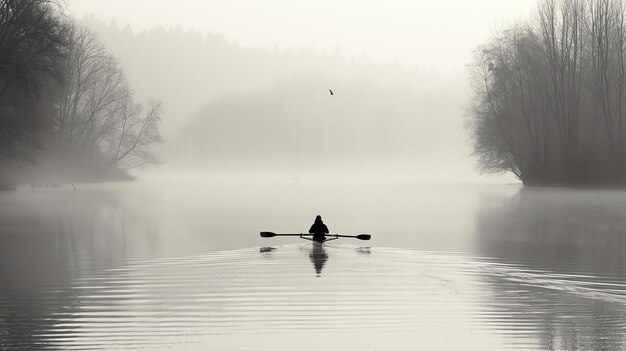 Foto un remero solitario en un bote en un lago brumoso el remero está rodeado por una espesa niebla que oscurece la orilla y los árboles