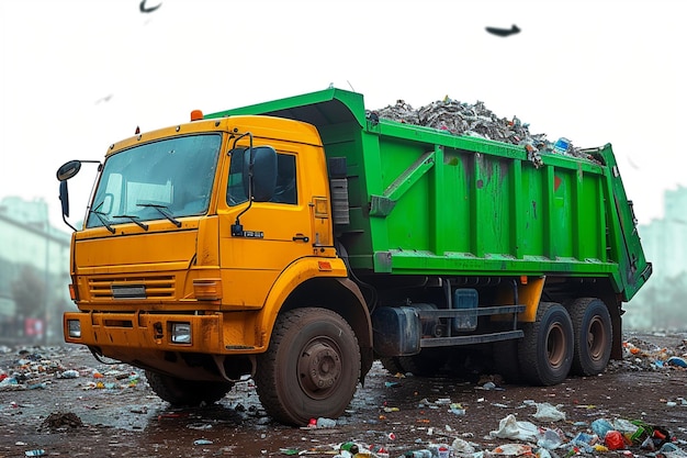Remoção eficiente de resíduos Caminhões de lixo em ação esvaziando contêineres isolados