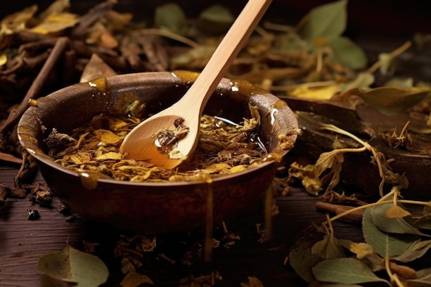Remojar hojas de té con una cuchara de madera cerca