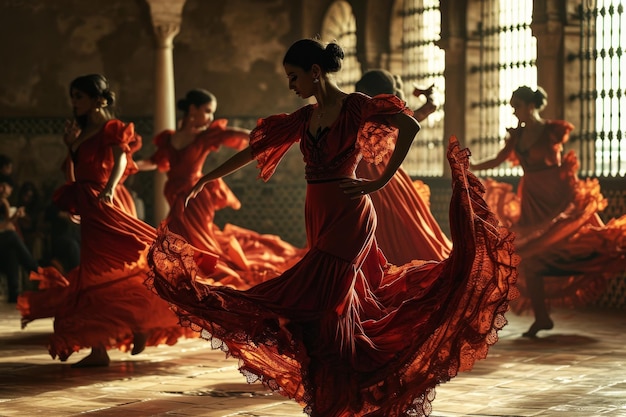 El remolino de bailarines de flamenco en España Bailarines vibrantes en vestidos fluidos giran en un baile tradicional a través de una histórica IA generada