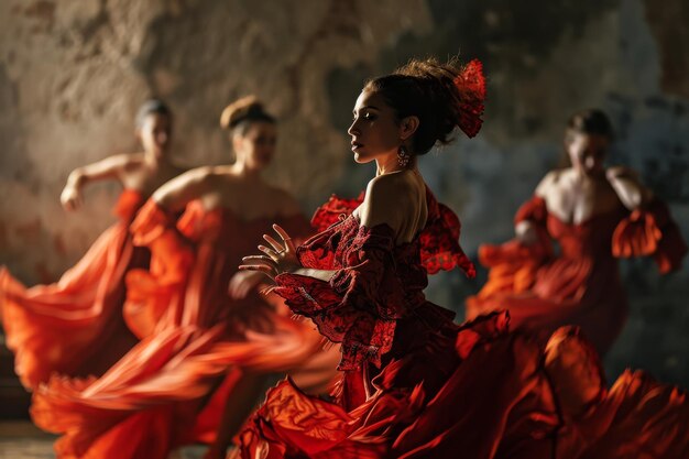 El remolino de bailarines de flamenco en España Bailarines vibrantes en vestidos fluidos giran en un baile tradicional a través de una histórica IA generada