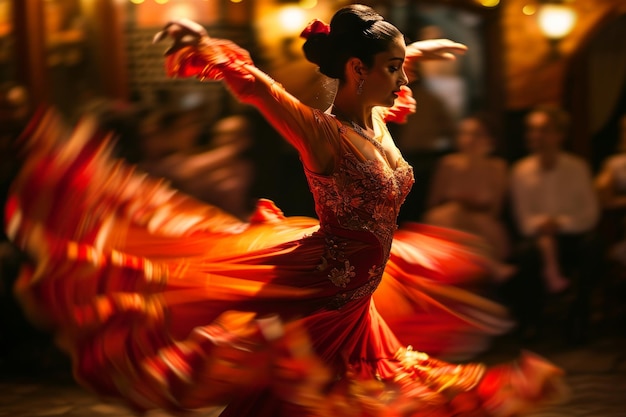 El remolino de bailarines de flamenco en España Bailarines vibrantes en vestidos fluidos giran en un baile tradicional a través de una histórica IA generada