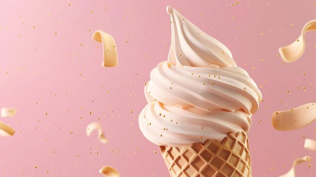 Un remolino de helado de softserve en un cono de waffle d estilo objetos voladores aislados estilo Memphis d ilustración generada por IA