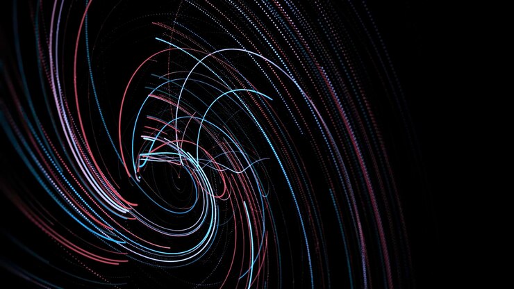Foto remolino de líneas de neón sobre fondo negro animación remolino de líneas de color láser en rápido movimiento
